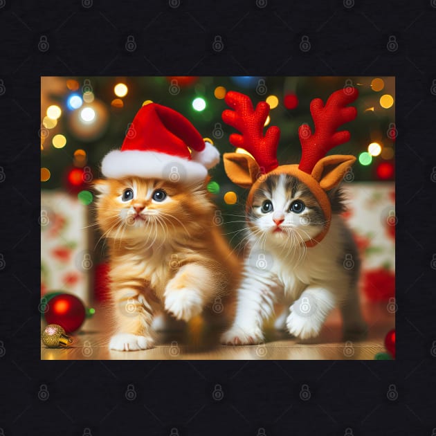Cute kittens with Santa Claus and reindeer hats and Christmas tree by SPJE Illustration Photography